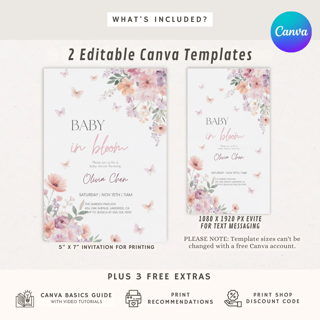 Baby in Bloom Baby Shower Invitation Girl | Editable Floral Butterfly Invite | Watercolor Garden Party Template | Printable Digital Invite