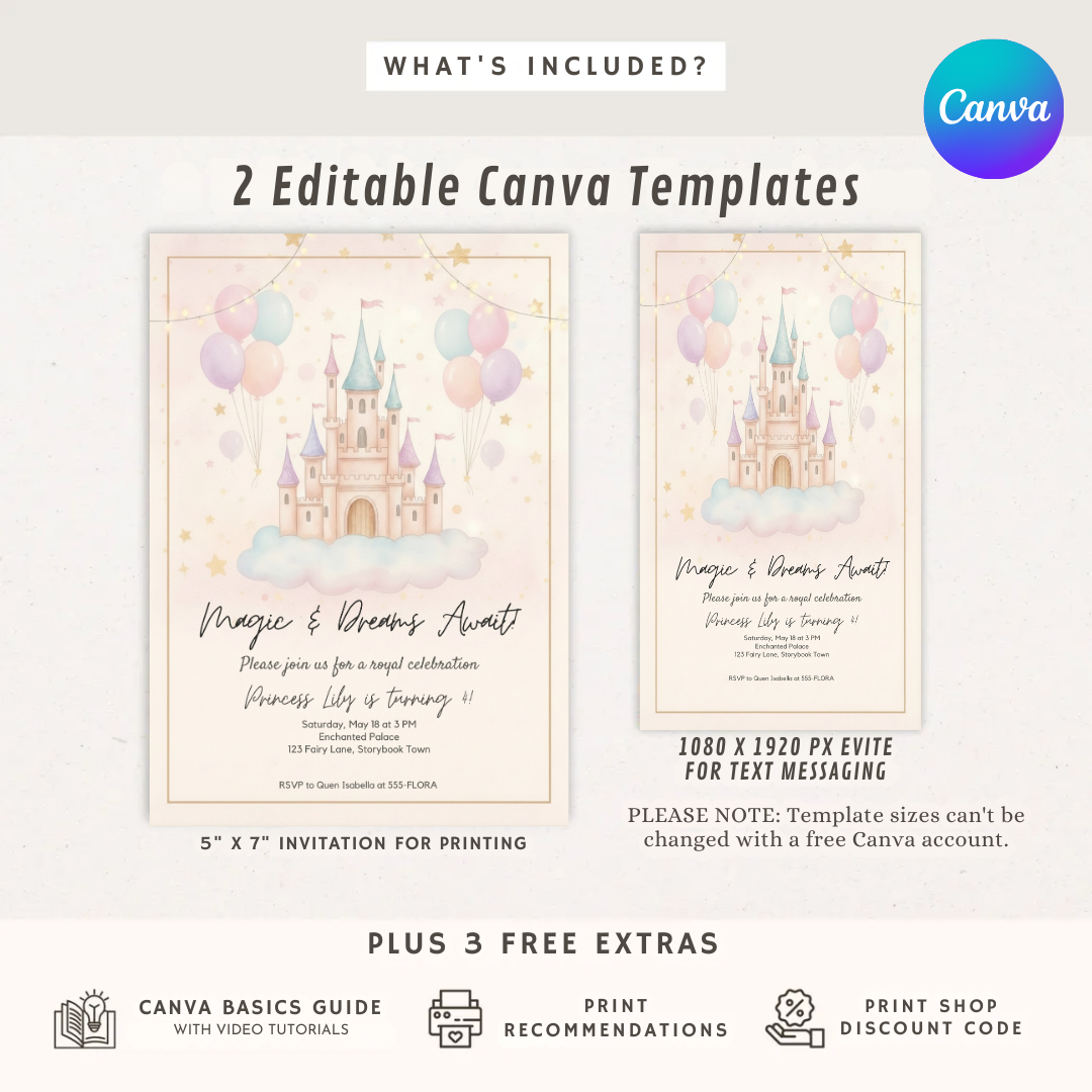 Princess Birthday Invitation | Editable Castle Invite Template | Girl's Royal Celebration | Whimsical Fairy Tale Party | Printable | Digital Evite