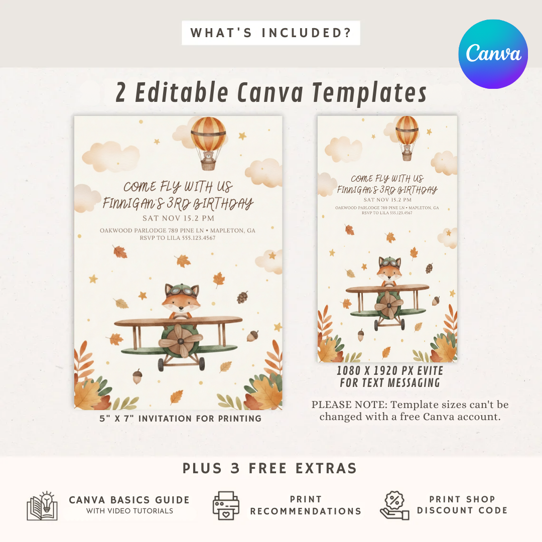 Boy's 3rd Birthday Invitation | Editable Fox Airplane Party Invite | Come Fly With Us Template | Autumn Woodland Theme | Digital & Printable