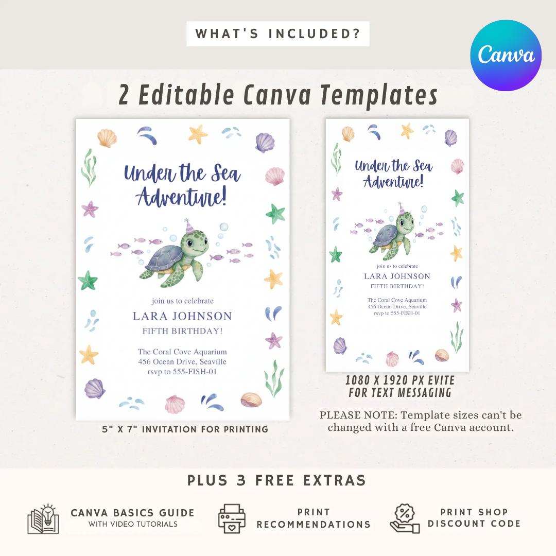 Under the Sea Birthday Invitation | Turtle Party Invite for boys and girls | Editable Ocean Adventure Template | Printable | Instant Download