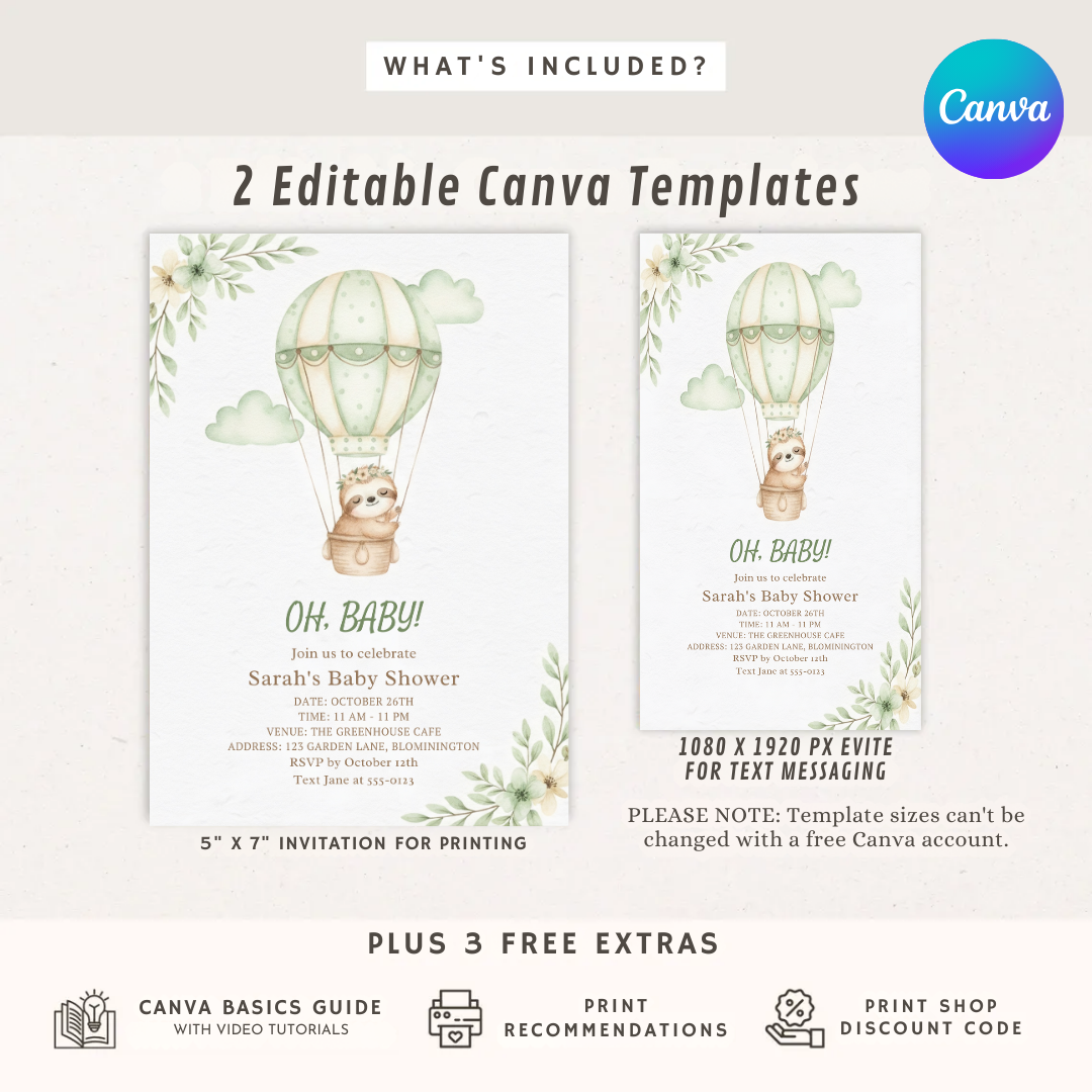 Sloth Baby Shower Invitation Template | Editable Hot Air Balloon Invite | Boy or Girl | Sage Green Watercolor | Printable | Instant Download