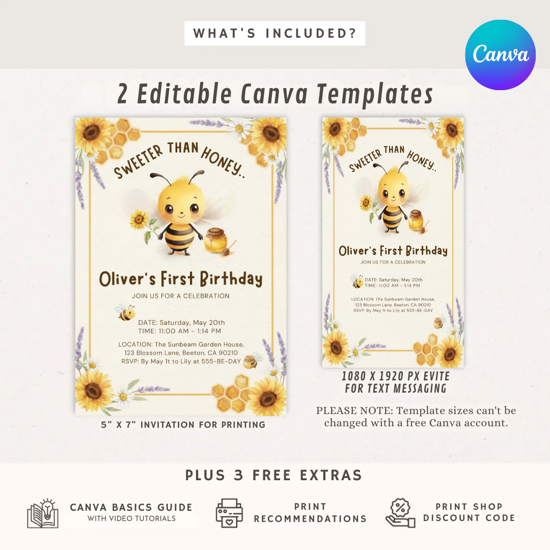 Bee First Birthday Invitation Boy | Sweeter Than Honey 1st Birthday Invite | Editable Sunflower Template | Printable Digital Instant Download