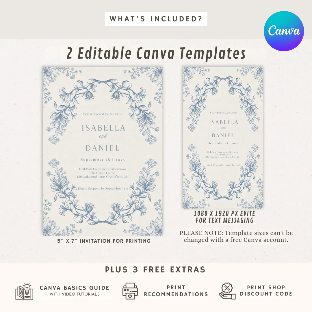 Vintage Floral Wedding Invitation Template | Dusty Blue Botanical Invite | Editable Classic Wedding Stationery | Printable & Digital | Canva