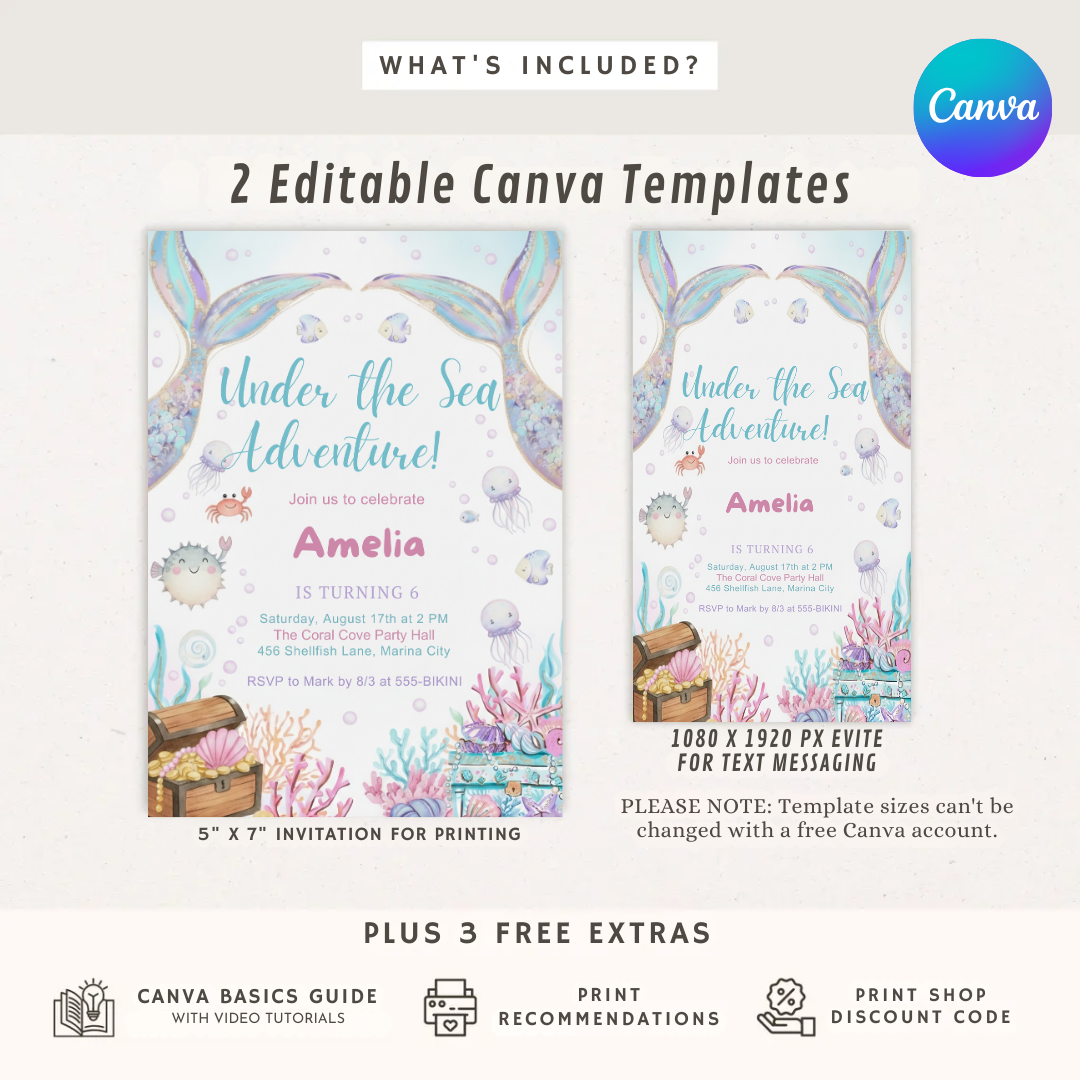 Mermaid Birthday Invitation Girl | Under the Sea Party Invite | Editable Ocean Adventure Template | Pastel Watercolor Evite | Instant Download