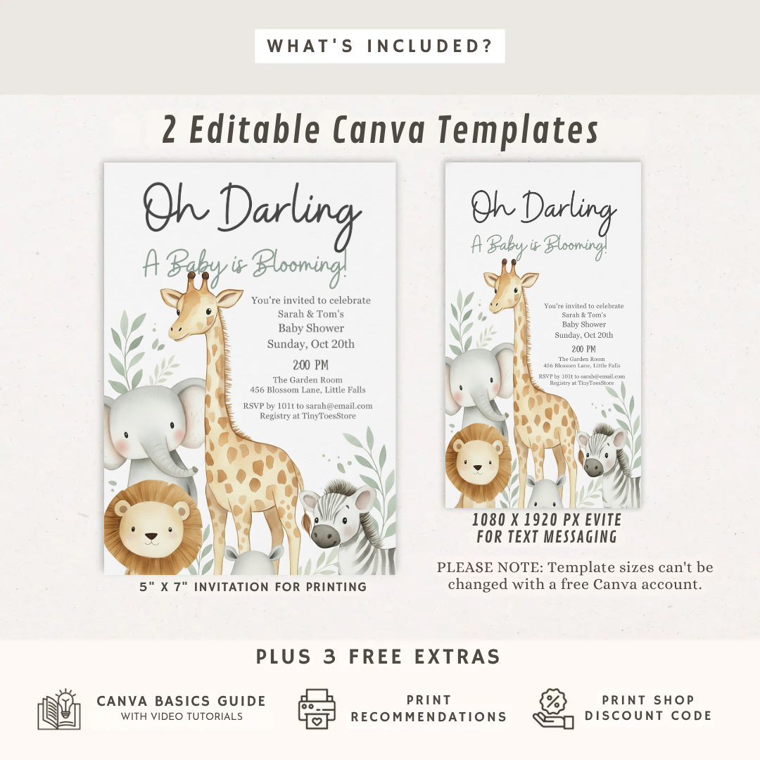 Safari Animal Invitation Template | Watercolor Jungle Party Invite | Editable Greenery Design | Printable & Digital | Instant Download