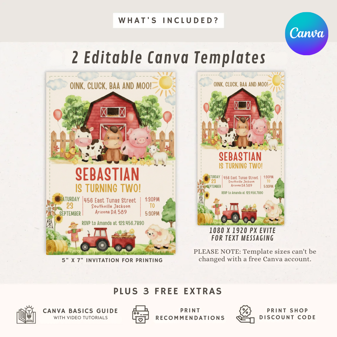 Farm Animal Birthday Invitation Template | Editable Barnyard Bash Invite for Boys and Girls | Printable Kids Party Card | Digital Download
