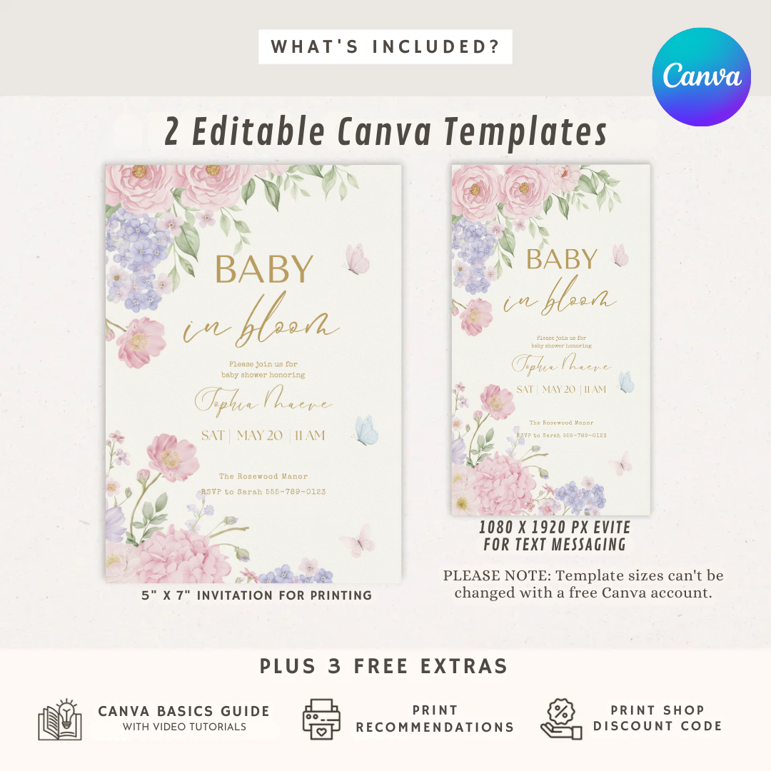 Baby in Bloom Baby Shower Invitation Girl | Editable Floral Butterfly Invite | Watercolor Garden Party Template | Printable & Digital Download