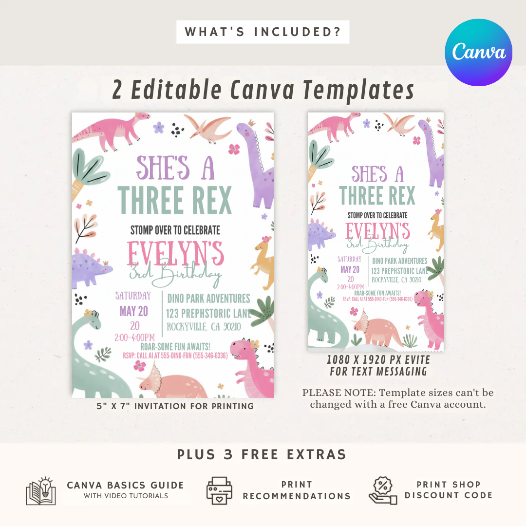 Girl's Three Rex Birthday Invitation | Editable Dinosaur 3rd Birthday Party Invite | Printable Pastel Dino Template | Instant Download Evite