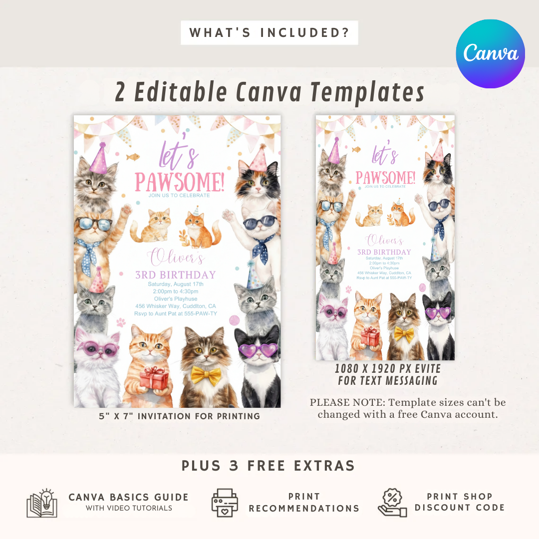 Cat Birthday Invitation Template | Pawsome Kitten Party Invite for Boy or Girl | Editable Canva Evite | Kids Pet Theme | Instant Download