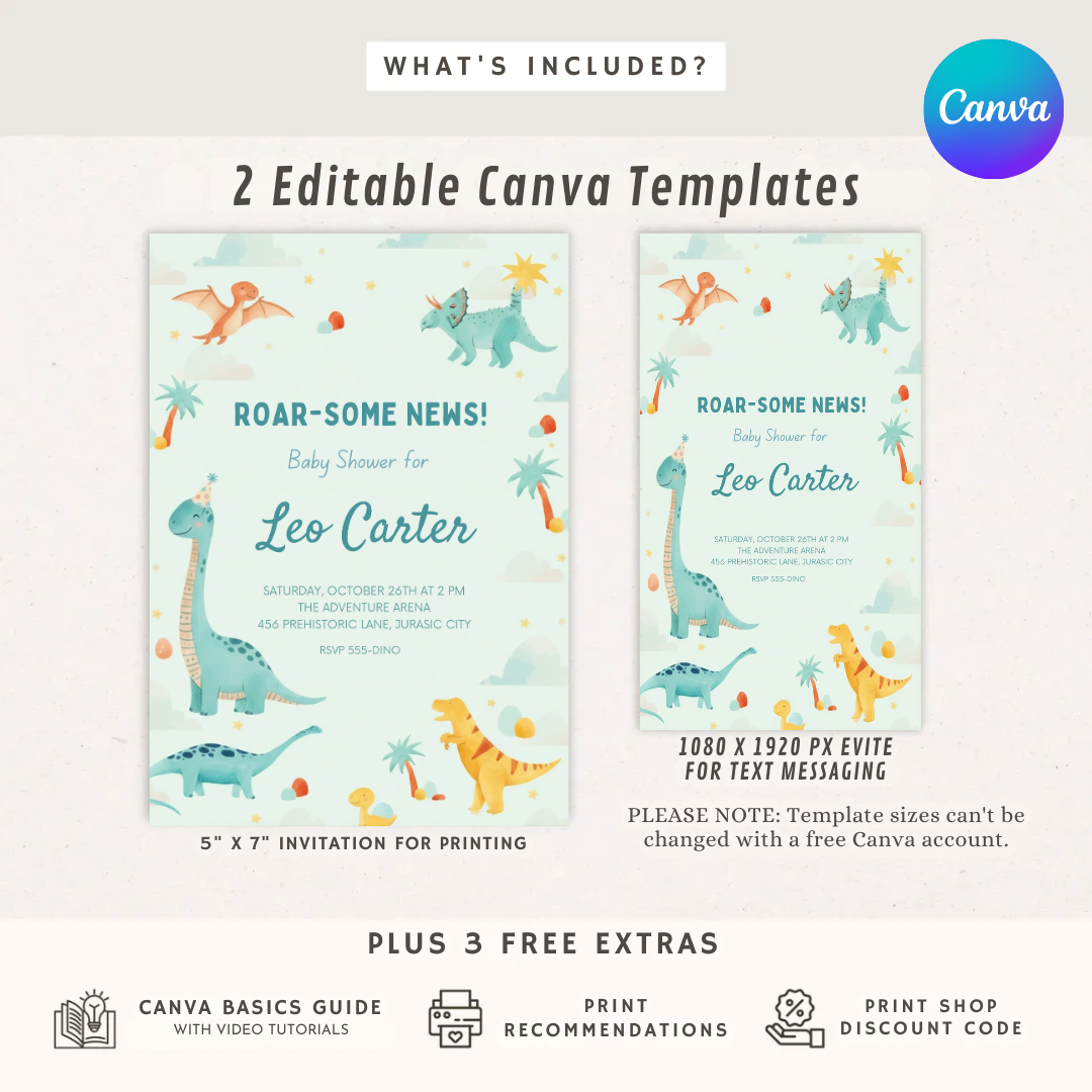 Dinosaur Baby Shower Invitation for Boy | Editable Roar Some News Invite | Watercolor Dino Template | Printable & Digital | Instant Download