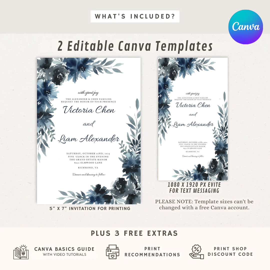 Navy Blue Floral Wedding Invitation Template | Editable Watercolor Invite | Elegant Modern Wedding Stationery | Printable Digital Download | Victoria