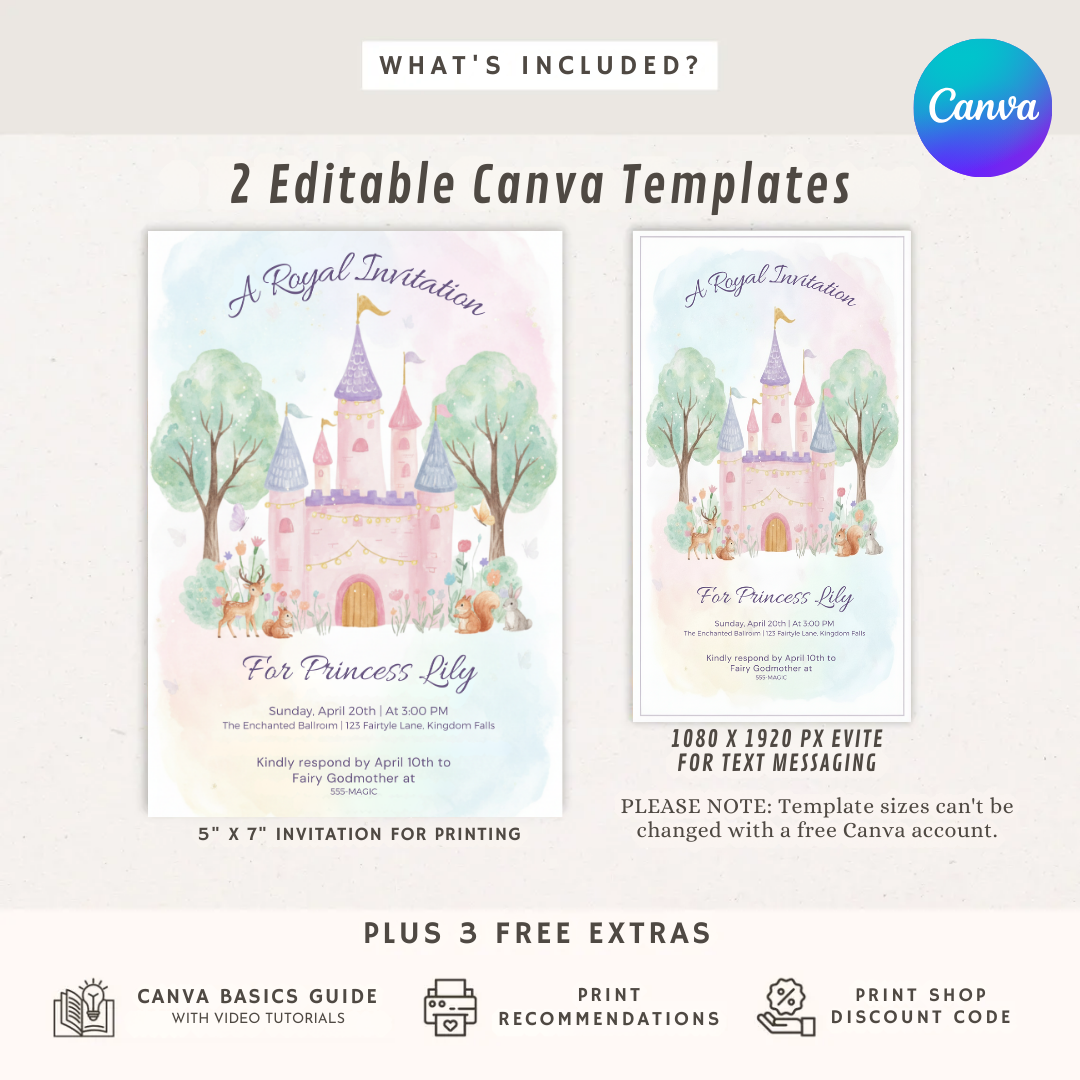 Princess Birthday Invitation Template | Editable Royal Castle Invite for Girl | Fairytale Woodland Party | Printable Digital | Instant Download