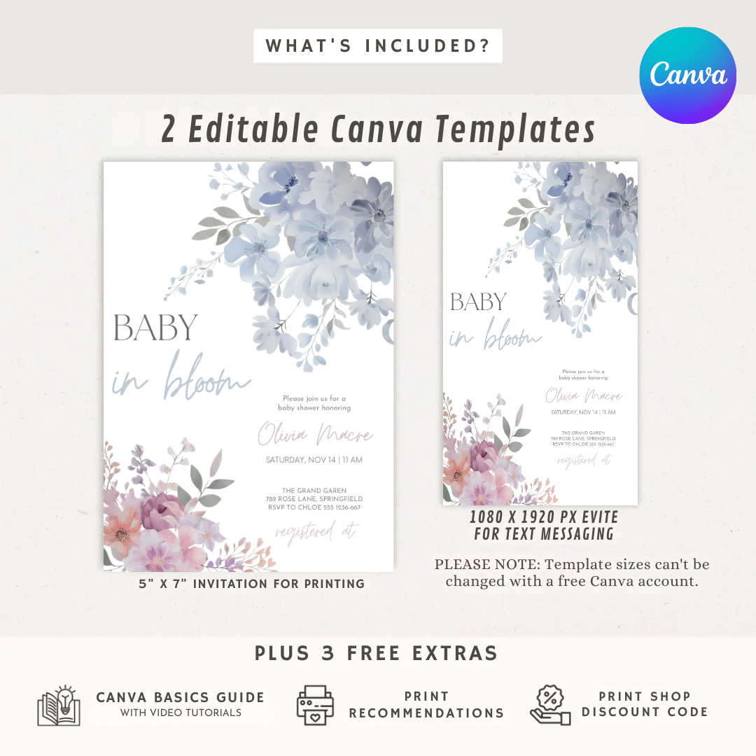 Baby in Bloom Baby Shower Invitation | Editable Celestial Floral Invite Template | Butterfly Boy or Girl Shower | Printable Digital Download