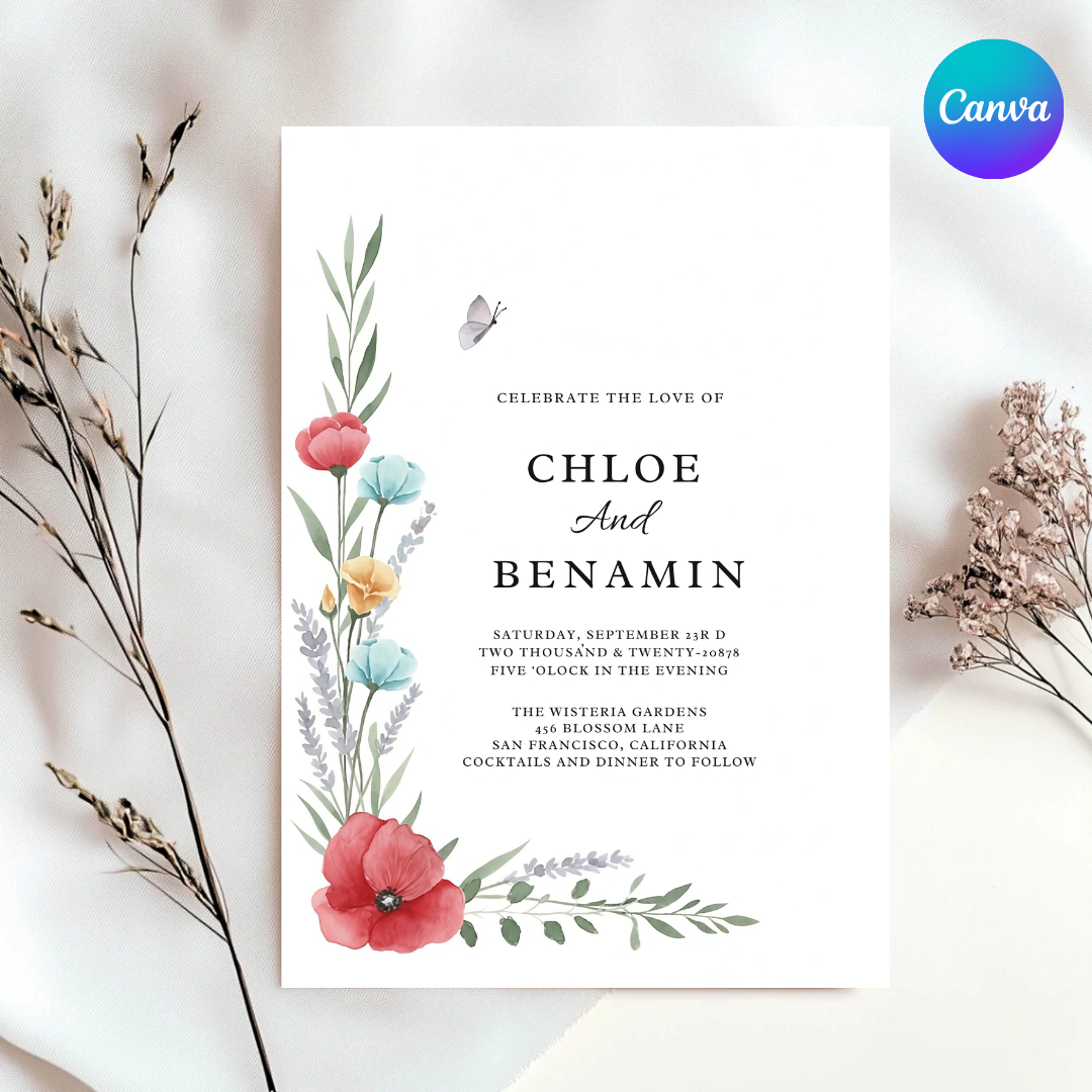 Editable Wedding Invitation Template | Watercolor Floral Invite | Garden Party Wedding | Printable Poppy & Lavender | Instant Download | Chloe