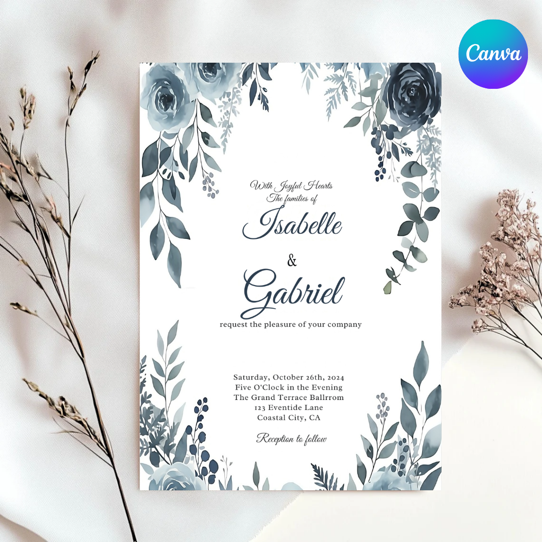 Dusty Blue Wedding Invitation Template | Editable Navy Floral Invite | Watercolor Flowers | Elegant Printable Wedding Suite | Instant Download