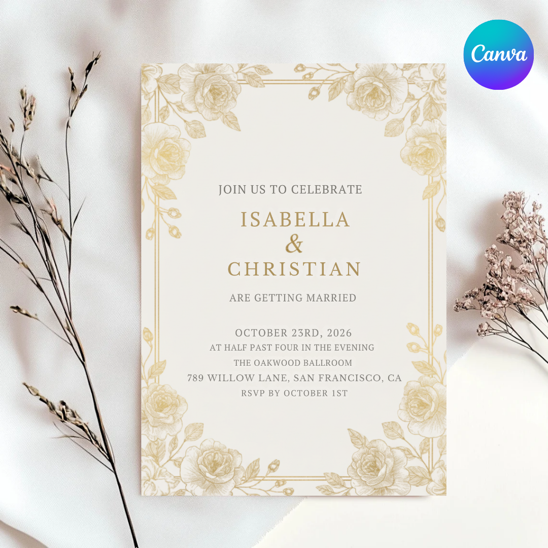 Elegant Wedding Invitation Template | Gold Floral Invite | Classic Rose Wedding Suite | Editable Canva Printable | Instant Digital Download