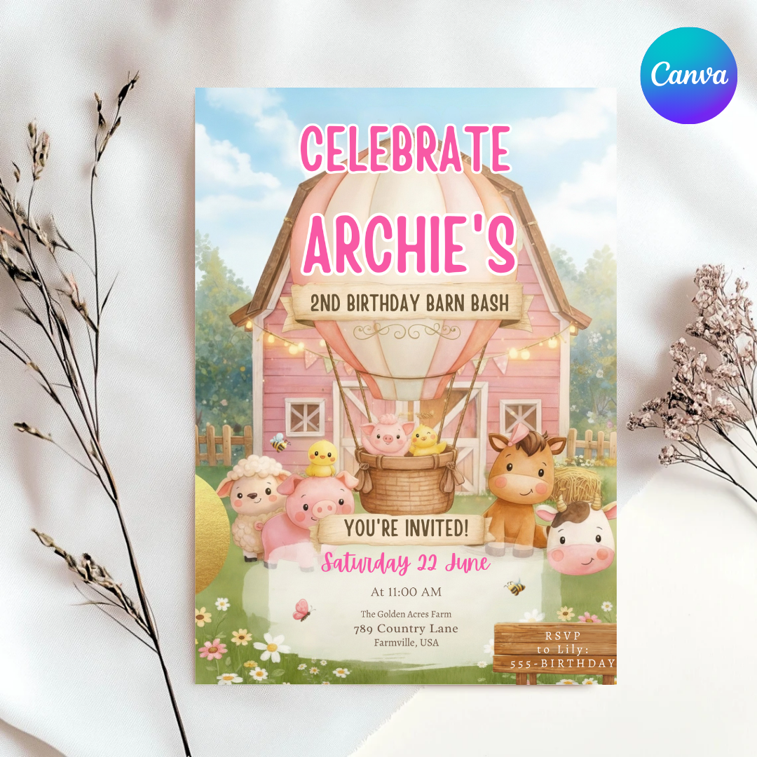 Farm Animal Birthday Invitation Girl | Editable Pink Barnyard Bash Template | Cute Farm Animals Party Invite | Second Birthday | Instant Download