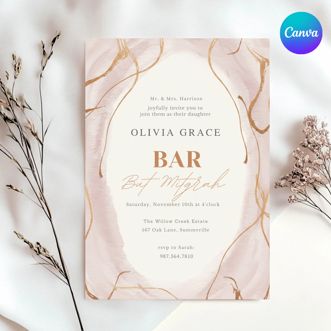 Bat Mitzvah Invitation Girl | Editable Template | Blush Pink and Rose Gold Invite | Modern Elegant Party | Printable Digital | Instant Download