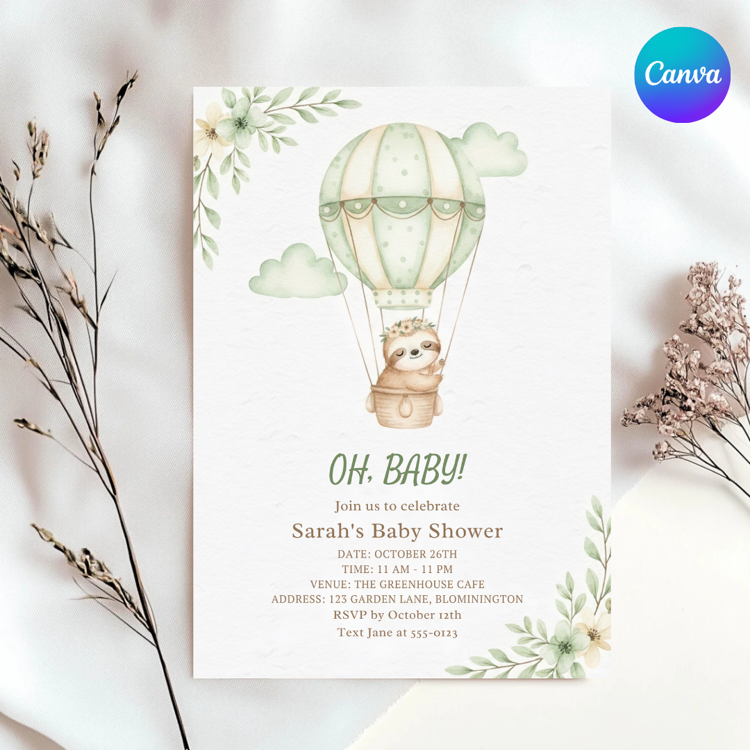 Sloth Baby Shower Invitation Template | Editable Hot Air Balloon Invite | Boy or Girl | Sage Green Watercolor | Printable | Instant Download