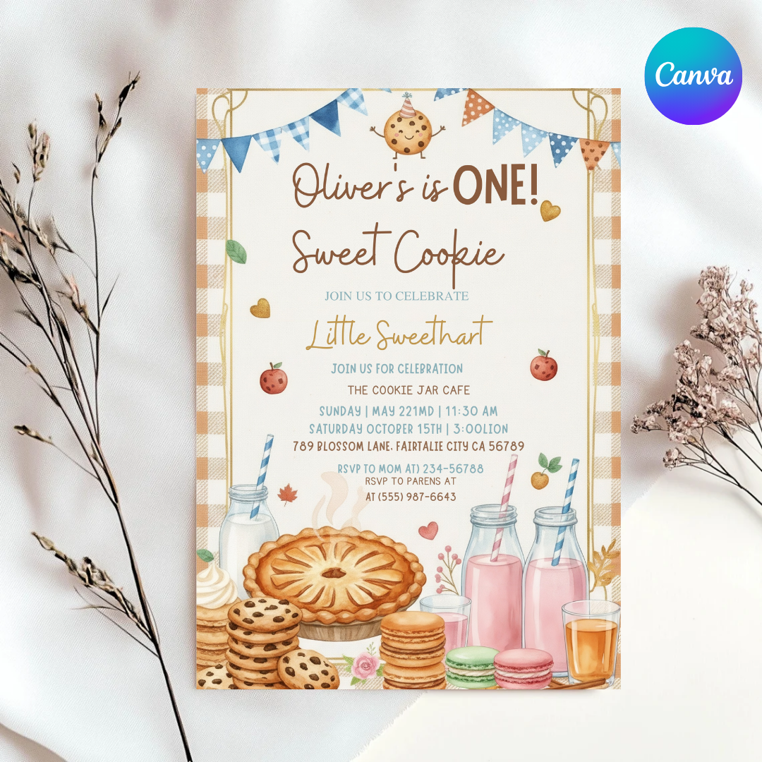Sweet One Birthday Invite | Cookie Theme Party | Boy's 1st Birthday | Canva / Printable | Instant Download