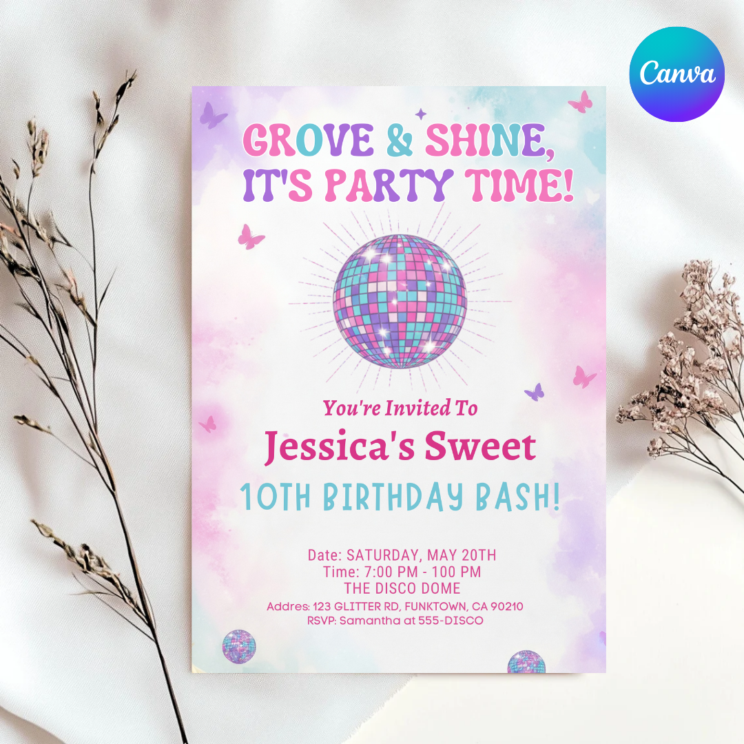 Groovy Disco Birthday Invitation Girl | Editable 10th Birthday Party Invite Template | 70s Theme Disco Ball & Butterfly Evite | Printable
