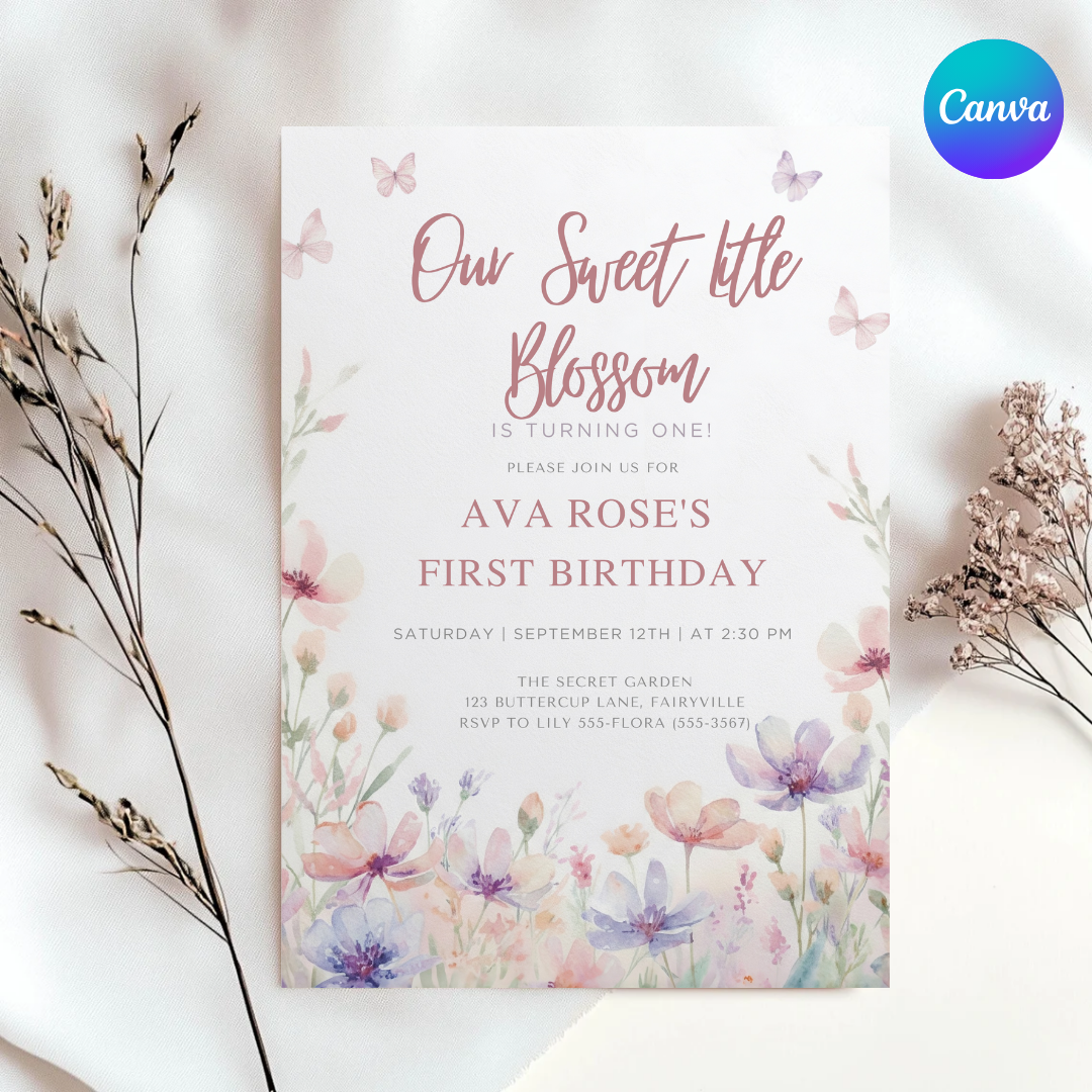 Girl's First Birthday Invitation | Editable Wildflower Garden Party Invite | Our Sweet Blossom Theme | Printable Template | Instant Download