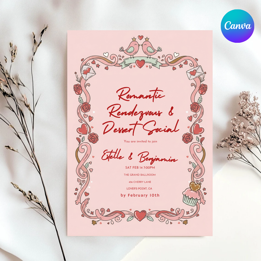 Editable Valentine's Day Invitation | Romantic Rendezvous & Dessert Social Template | Couples Party Invite | Love Birds Theme | Instant Download
