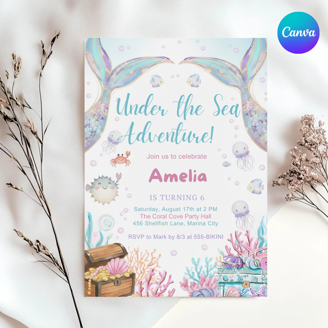 Mermaid Birthday Invitation Girl | Under the Sea Party Invite | Editable Ocean Adventure Template | Pastel Watercolor Evite | Instant Download