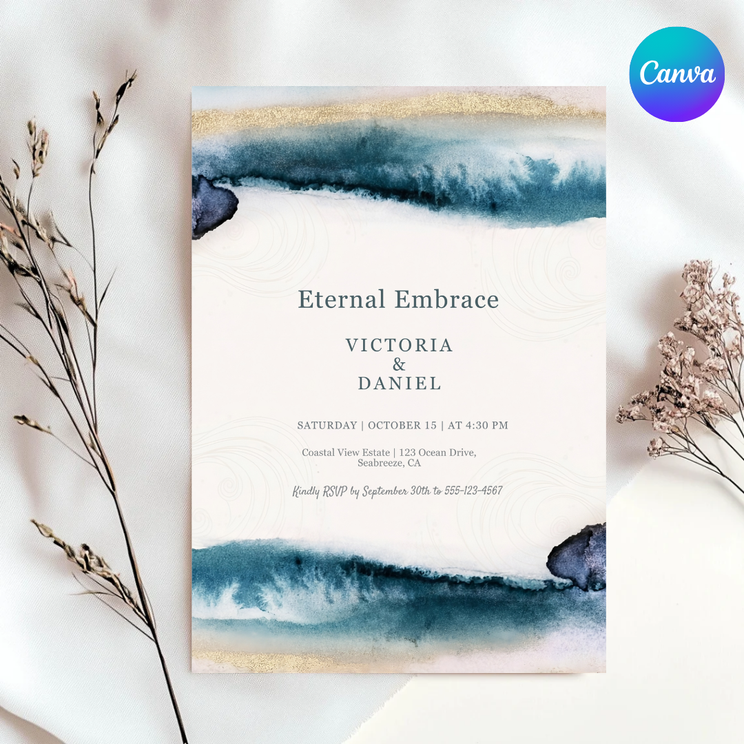 Ocean Wedding Invitation Template | Editable Blue Gold Watercolor Invite | Modern Coastal Beach Wedding | Printable Canva Evite | Instant Download