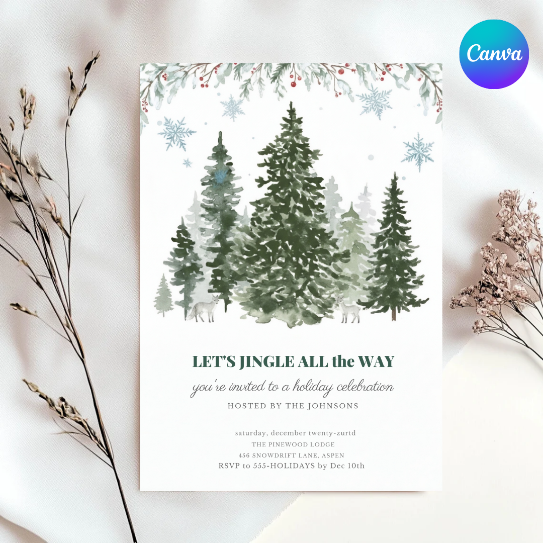 Holiday Party Invitation Editable | Winter Woodland Christmas Invite | Jingle All The Way Template | Rustic Pine Tree Evite | Instant Download