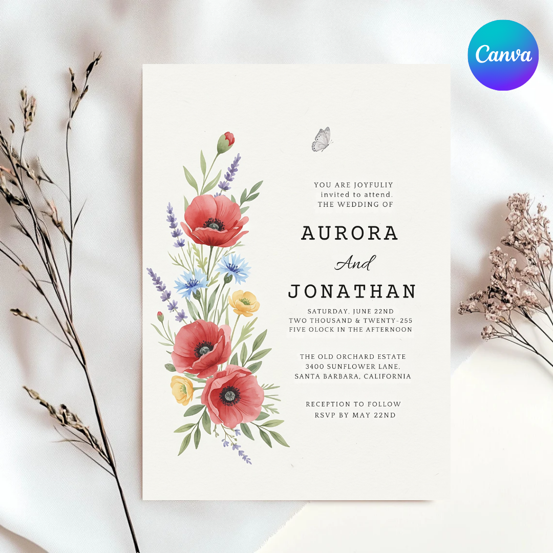 Wildflower Wedding Invitation Template | Editable Poppy Floral Invite | Rustic Garden Wedding | Printable Digital Evite | Instant Download