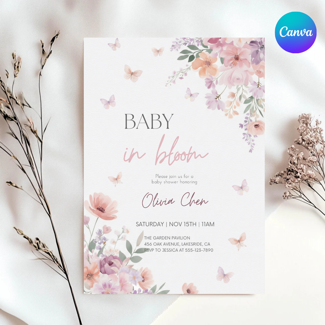 Baby in Bloom Baby Shower Invitation Girl | Editable Floral Butterfly Invite | Watercolor Garden Party Template | Printable Digital Invite