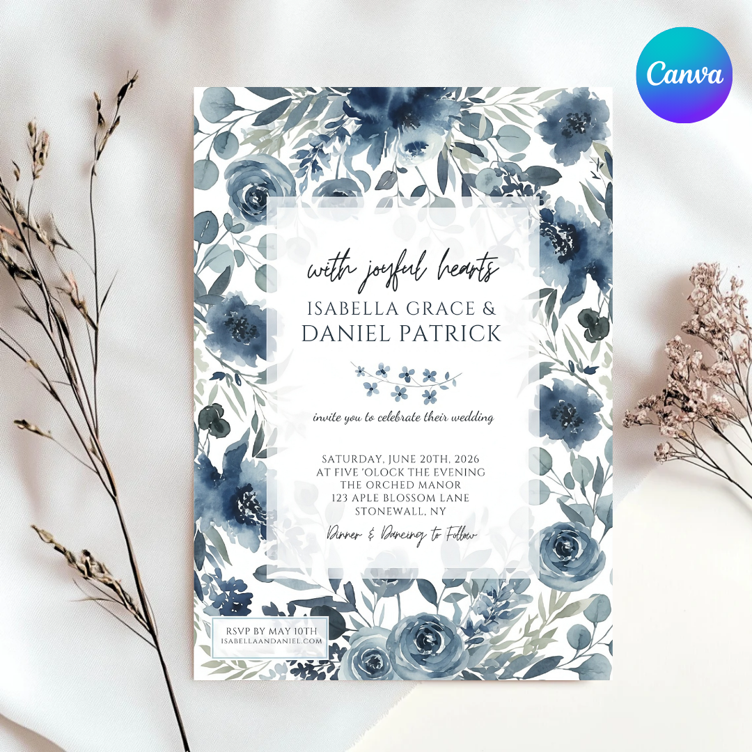 Dusty Blue Wedding Invitation Template | Editable Floral Invite | Navy Watercolor Flowers | Printable Canva Invite | Instant Download | Isabella