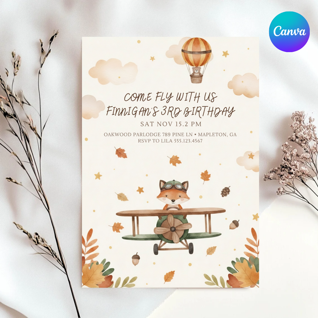 Boy's 3rd Birthday Invitation | Editable Fox Airplane Party Invite | Come Fly With Us Template | Autumn Woodland Theme | Digital & Printable