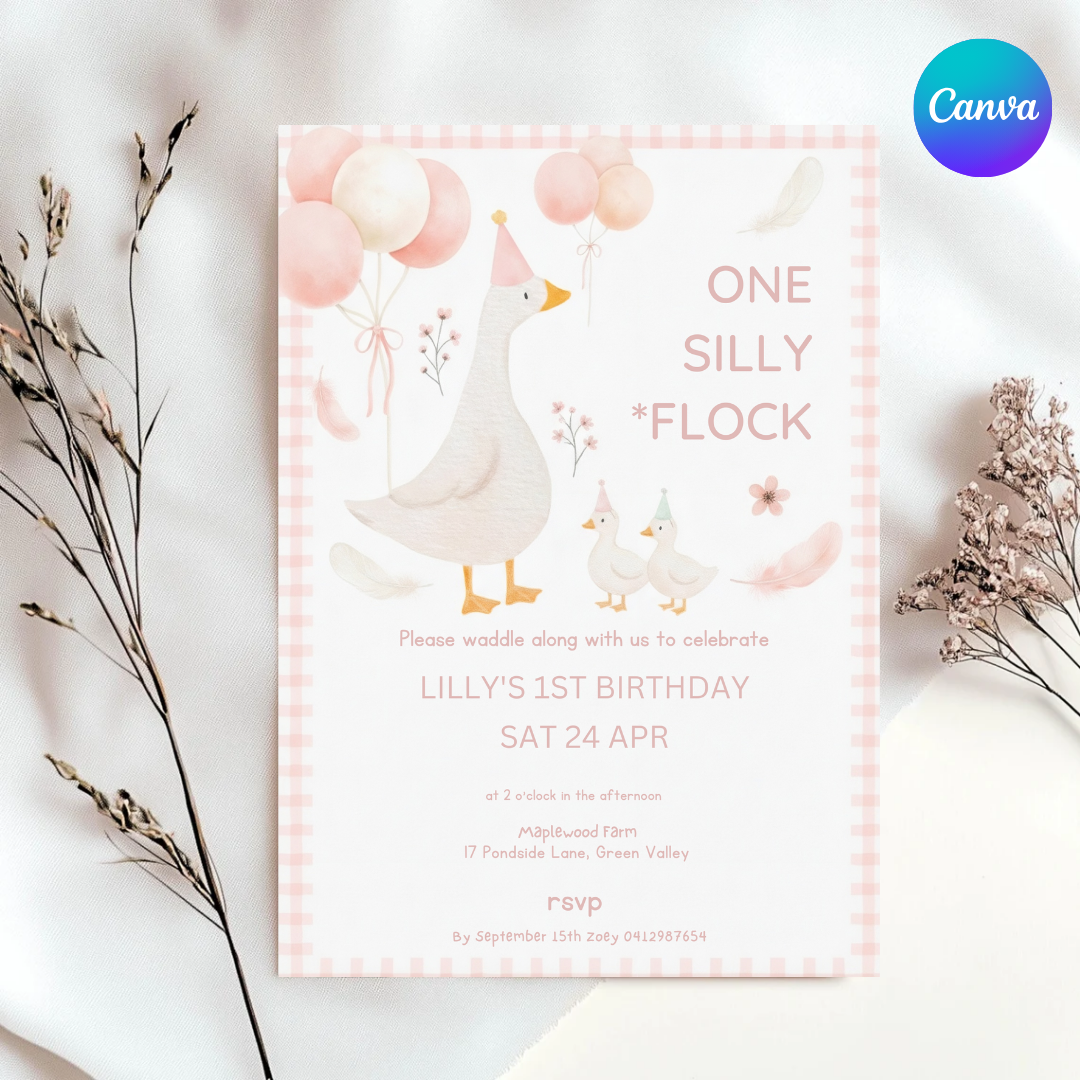 Girl's 1st Birthday Invitation | One Silly Flock Goose Party Invite | Editable Pink Farm Animal Template | Printable Digital Download