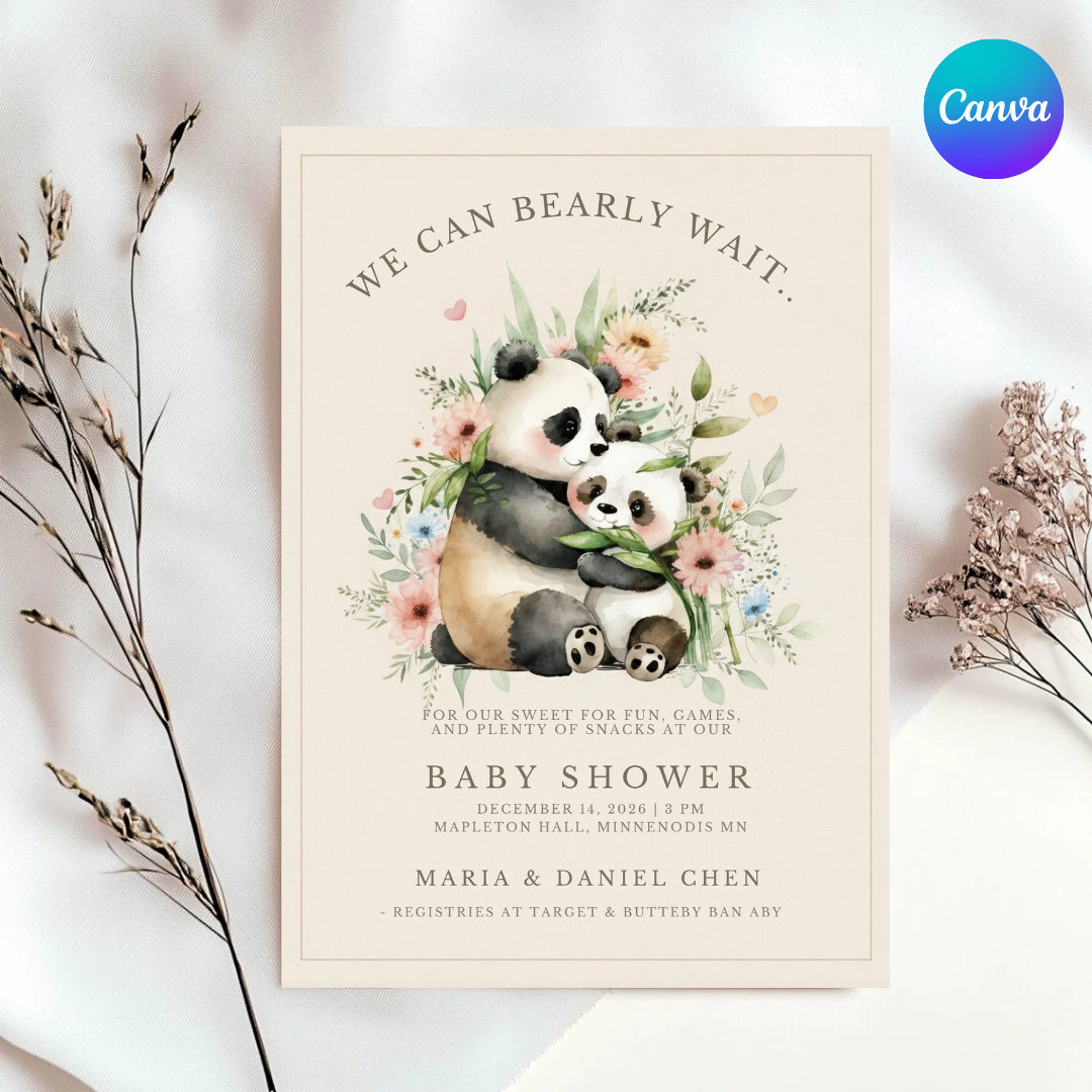 Panda Bear Invitation Template | We Can Bearly Wait Party Invite | Watercolor Animal Floral Theme | Editable Printable | Instant Download