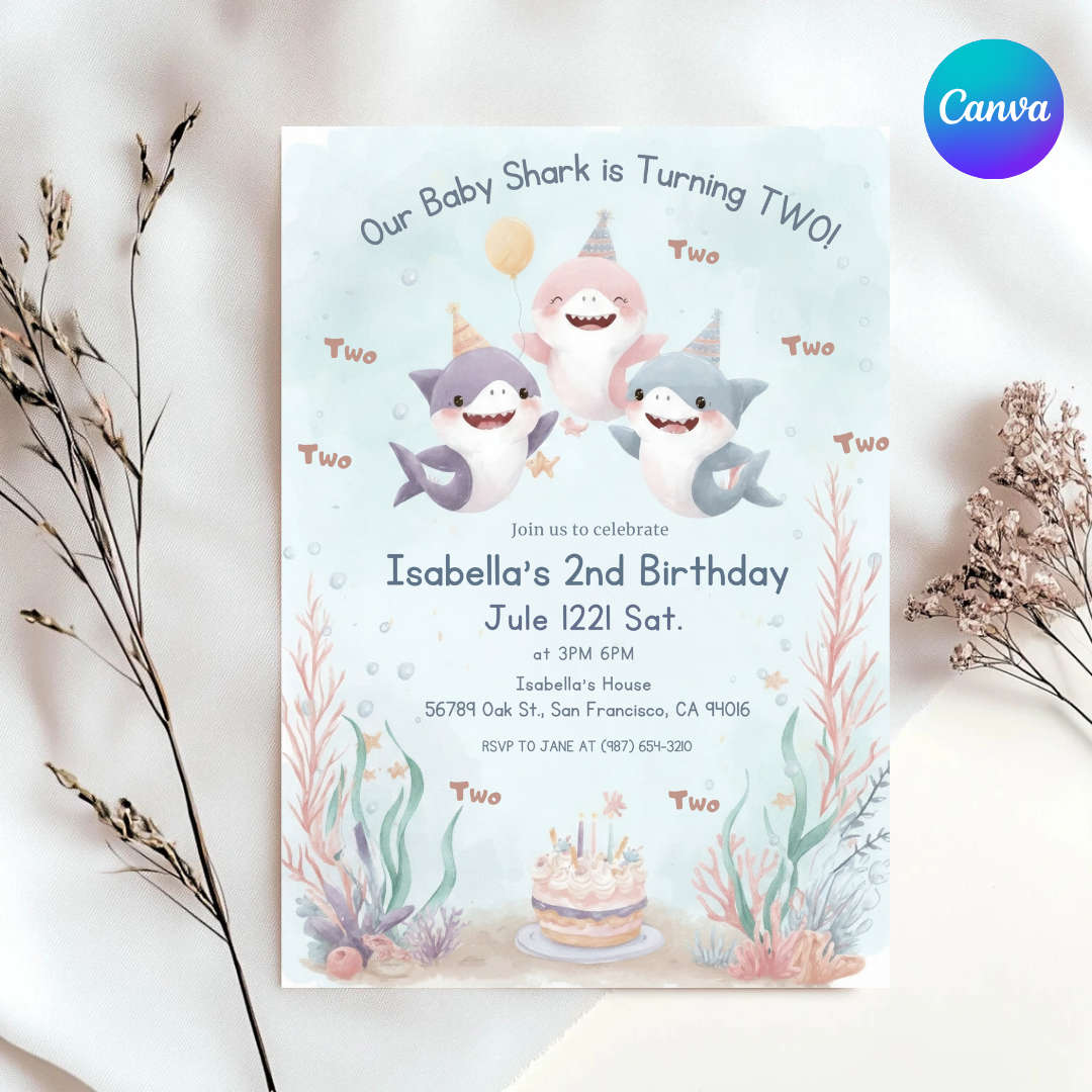 Baby Shark 2nd Birthday Invitation | Editable Under the Sea Party Invite for Girl | Watercolor Ocean Two Template | Printable & Digital Evite