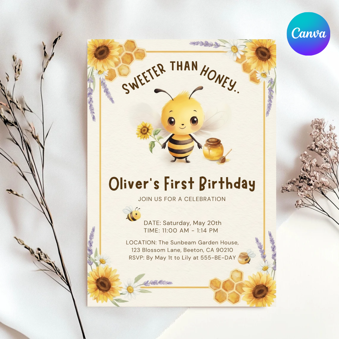 Bee First Birthday Invitation Boy | Sweeter Than Honey 1st Birthday Invite | Editable Sunflower Template | Printable Digital Instant Download