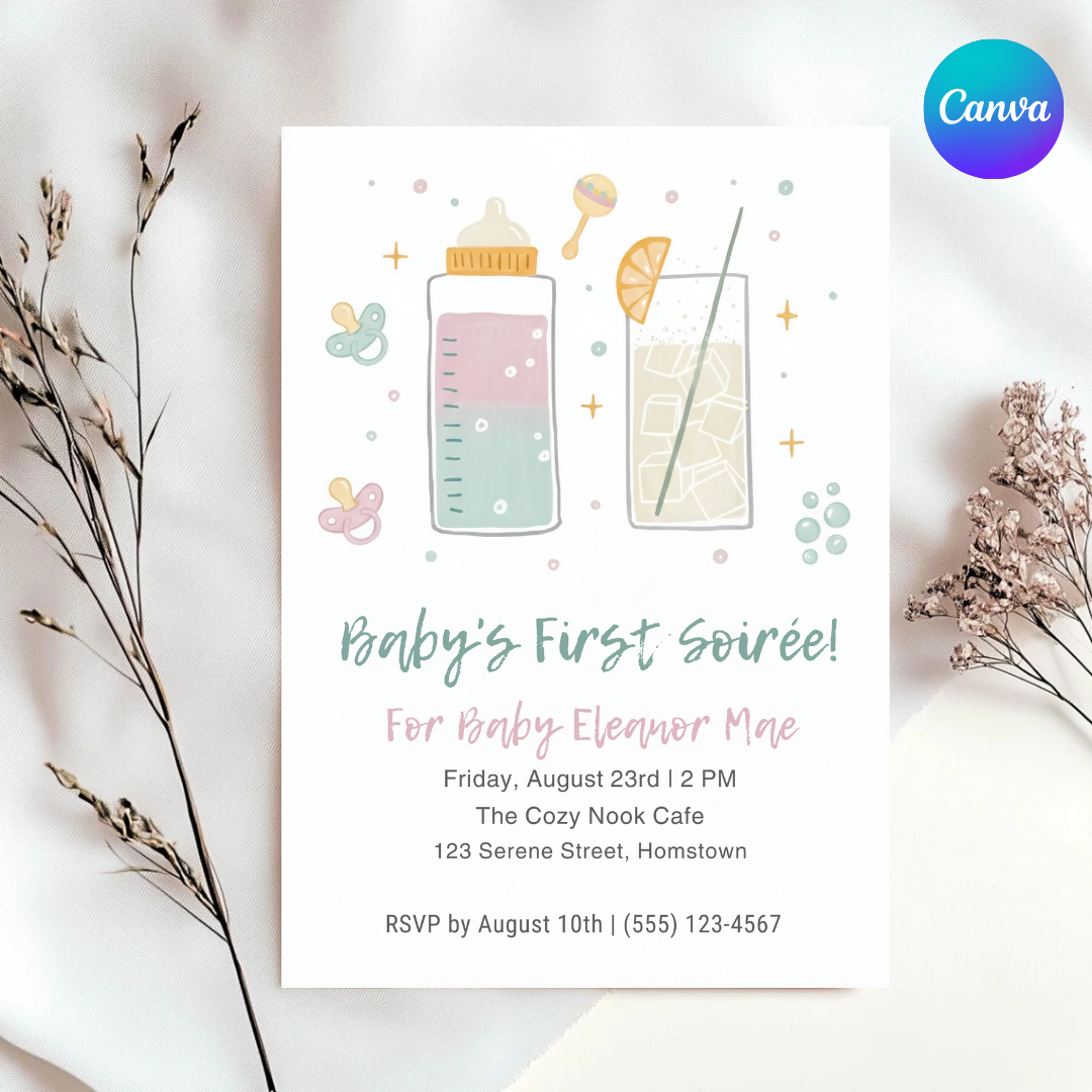 Baby's First Soirée Invitation Girl | Editable Bottles & Cocktails Template | Modern Sip and See Baby Shower Invite | Printable & Digital