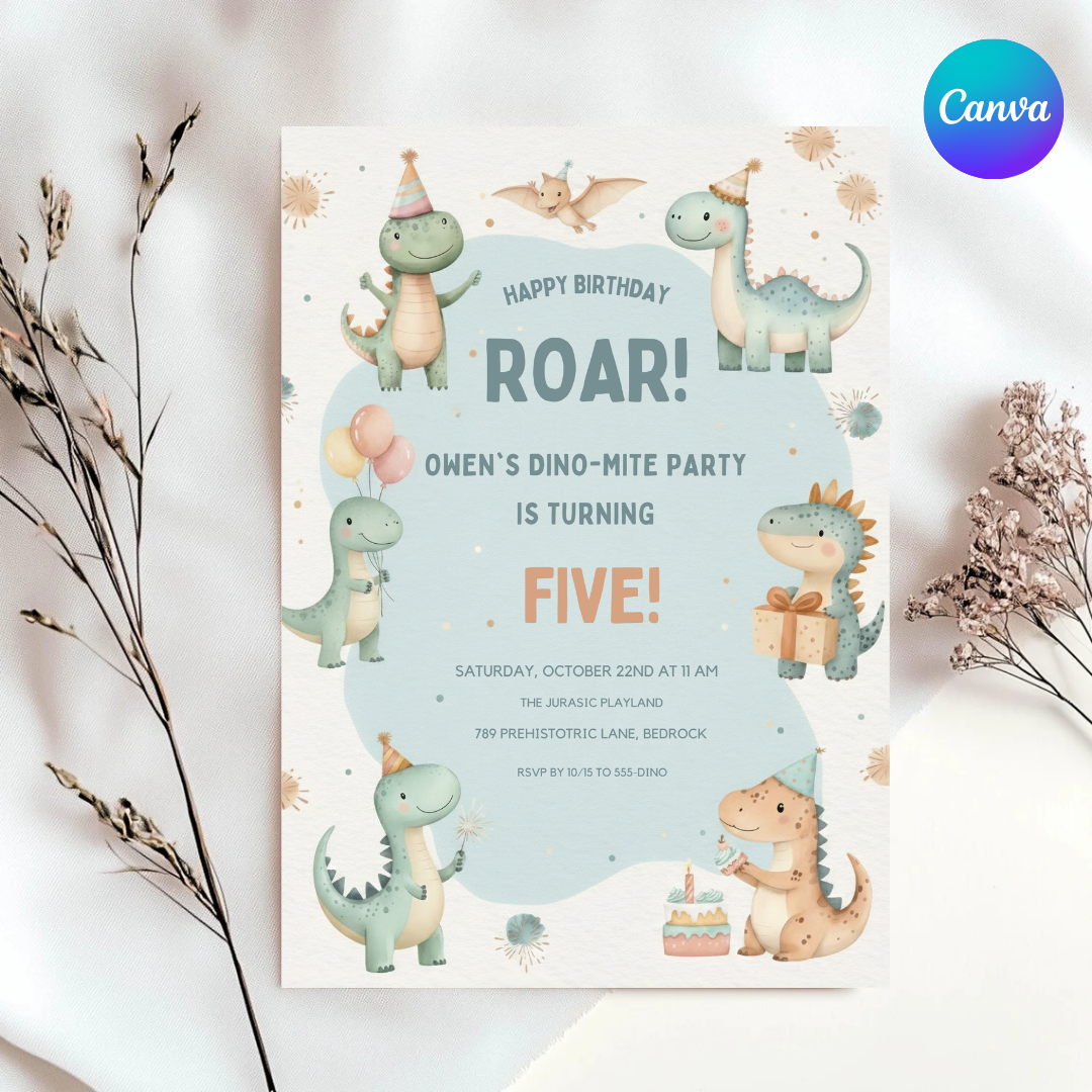 Dinosaur Birthday Invitation Editable Template | Dino-Mite Boy or Girl Party Invite | Roar First Birthday Printable | Instant Digital Download