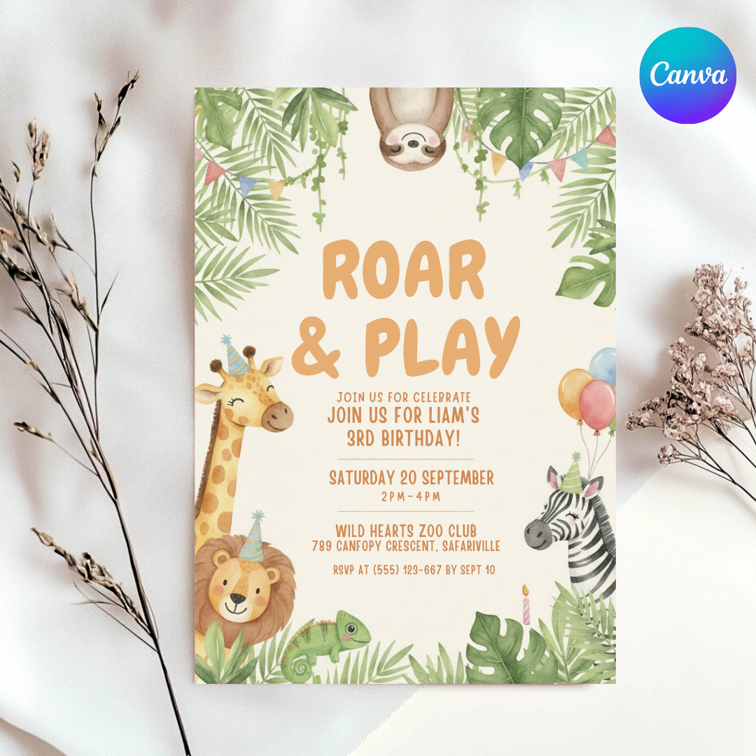 Jungle Birthday Invitation for Boy or Girl | Editable Safari Animal Party Invite | Roar & Play 3rd Birthday | Printable Instant Download