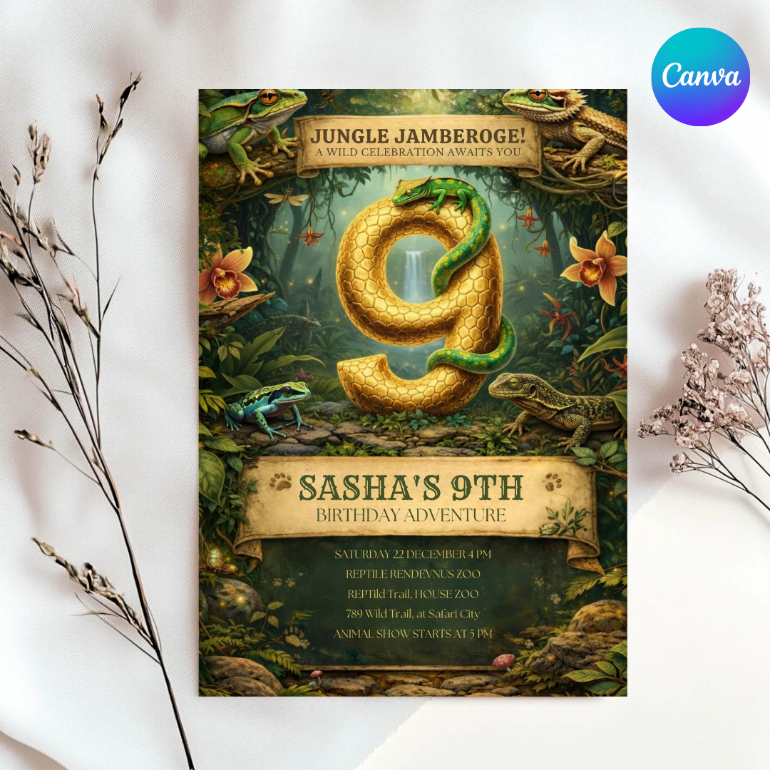 Reptile Birthday Invitation | Jungle Adventure Party Invite for Boy or Girl | Editable 9th Birthday Template | Lizard & Frog Theme | Digital Evite