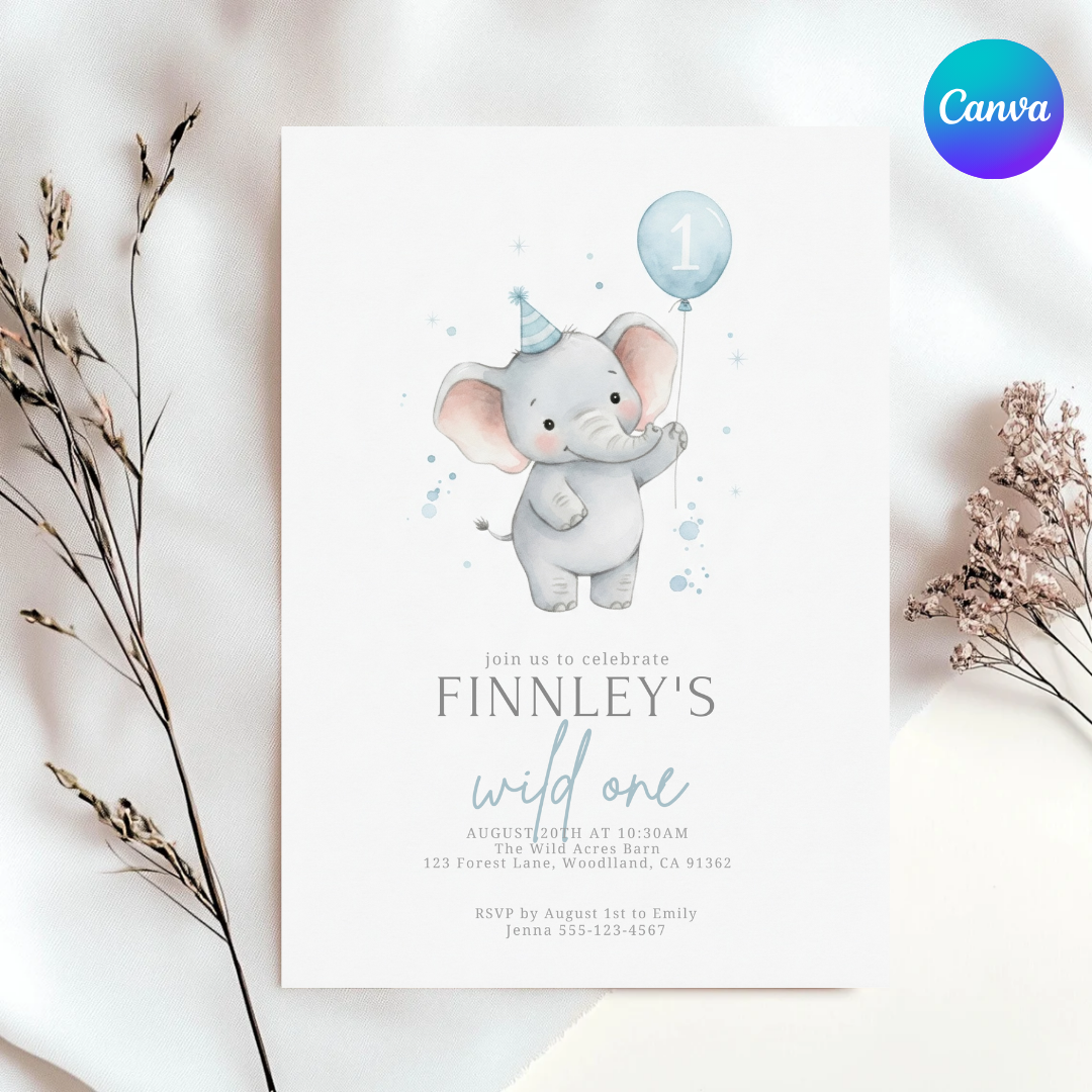 Boy's First Birthday Invitation | Editable Elephant Wild One Invite Template | Blue Watercolor Animal Party | Digital Evite | Instant Download