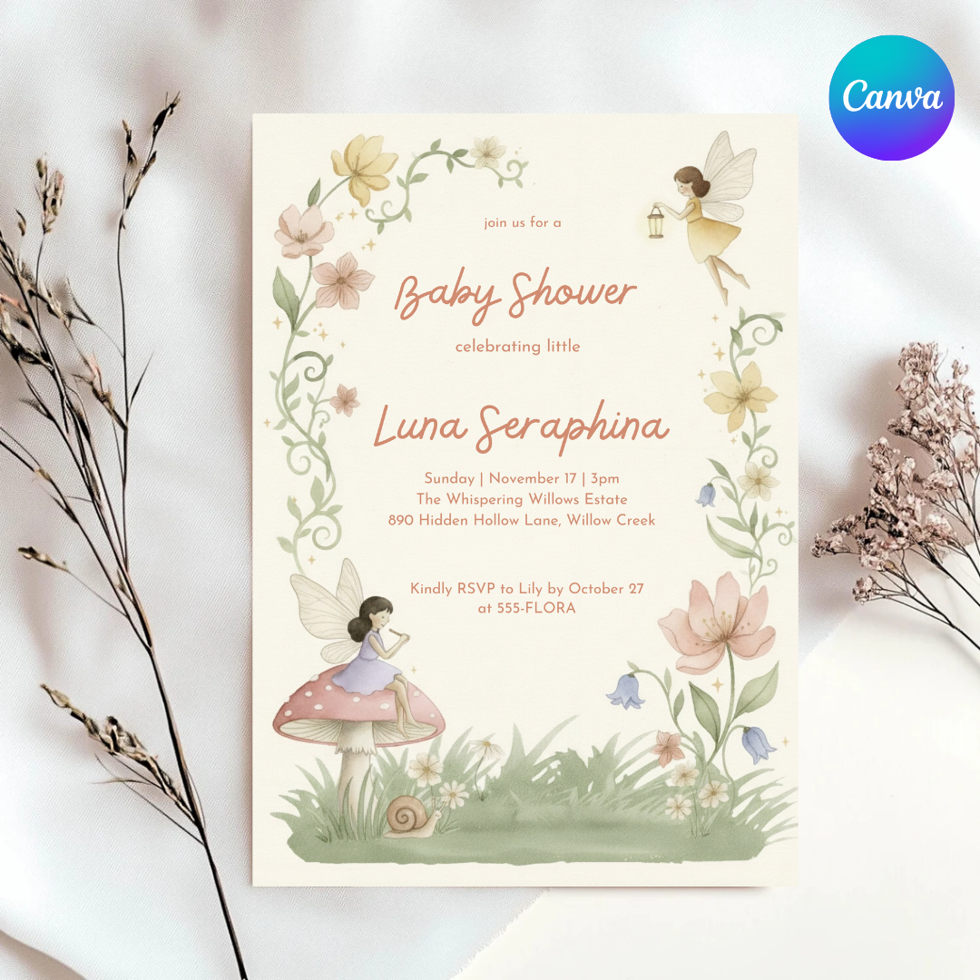 Fairy Baby Shower Invitation Girl | Whimsical Woodland Invite Template | Enchanted Forest | Editable Printable Digital Evite | Instant Download