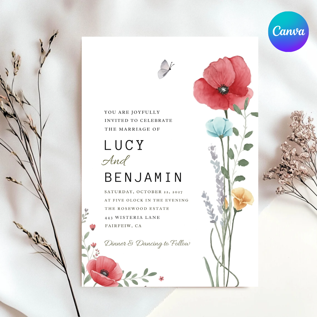 Watercolor Wildflower Wedding Invitation Template | Editable Floral Invite | Rustic Poppy Garden Wedding | Botanical Printable | Instant Download