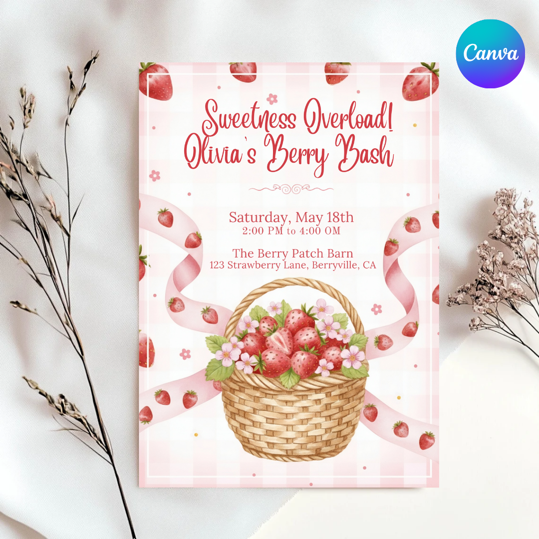 Strawberry Birthday Invitation Girl | Berry First Birthday Invite Template | Editable Sweetness Overload Party | Printable Digital Instant Download