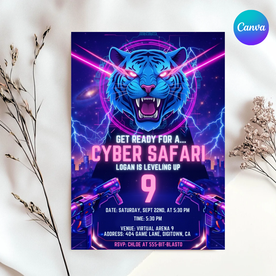 Boy's Birthday Invitation | Editable Cyber Safari Gamer Party Invite | Neon Tiger Video Game Template | Futuristic Level Up Invite | Printable
