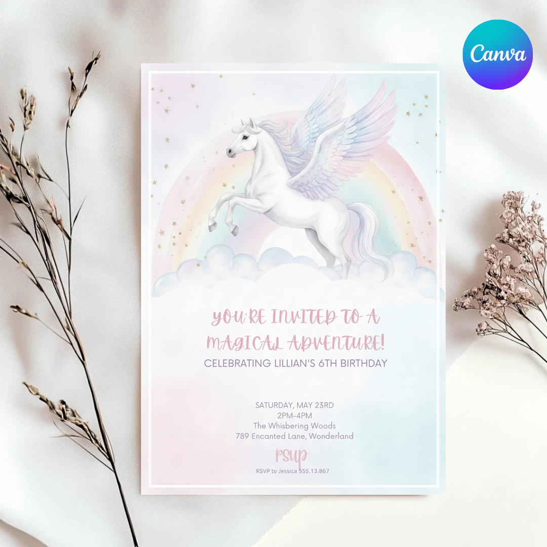 Pegasus Birthday Invitation Template | Magical Rainbow Party Invite for Girl | Editable Canva Evite | Printable 6th Birthday | Instant Download