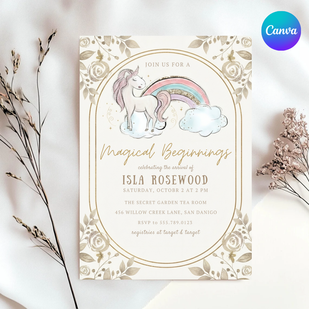 Unicorn Baby Shower Invitation Girl | Magical Beginnings Invite | Editable Rainbow Template | Boho Floral Printable | Instant Download Digital