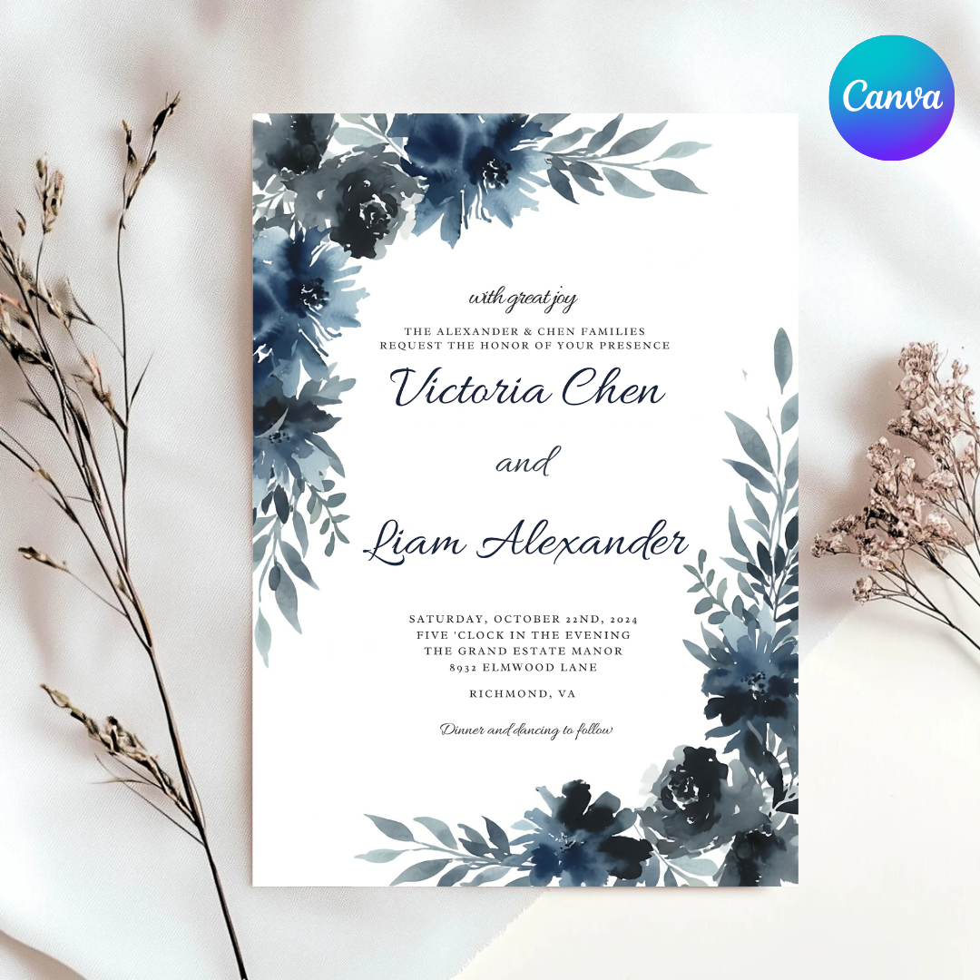 Navy Blue Floral Wedding Invitation Template | Editable Watercolor Invite | Elegant Modern Wedding Stationery | Printable Digital Download | Victoria